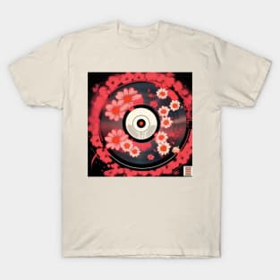 Vintage Floral Red Aesthetic Flowers Vinyl Record T-Shirt